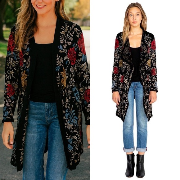 JOHNNY WAS Biya Pua Floral Embroidered Wrap Cardigan Black Multi Sz XS